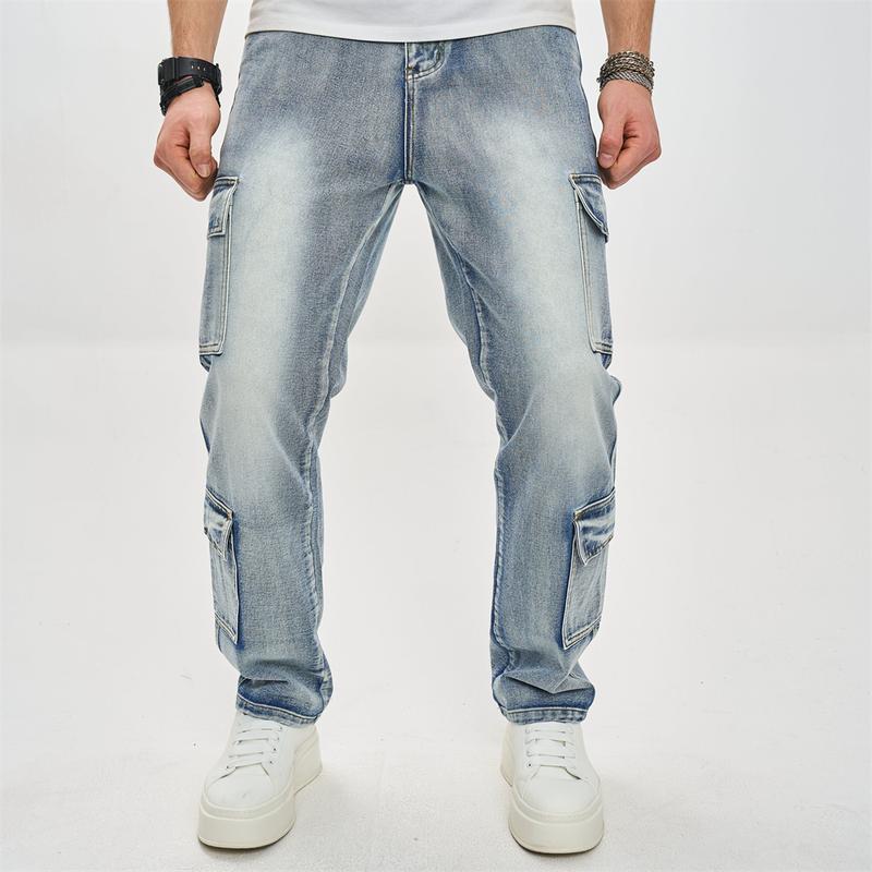 Streetwear Men Stylish Multiple pockets Cargo Jeans Male Loose Carpenter Motorcycle Straight Denim Pants Menswear Underwear Trouser Human Beige Plain