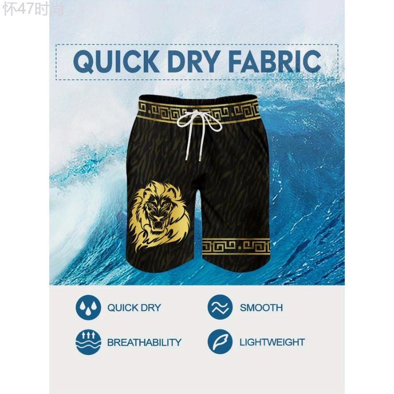 Men's Lion Pattern Shorts With Drawstrings, Casual Trendy With Linings Beach Vacation Swimming Shorts For Summer Outdoors Menswear Spandex