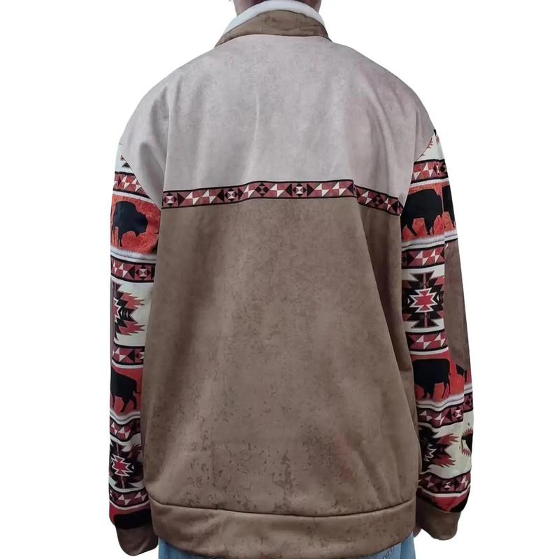 Cowboy Bull Head Print Men's Western Fleece Jacket with 1 4 Zip, Stand Collar, and Long Sleeves