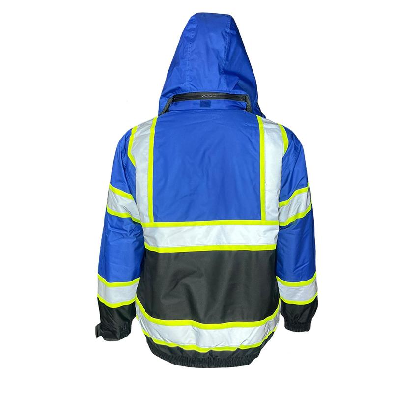 Royal Blue with black bottom Hi Visibility Reflective Safety Bomber Rain Jacket   Blue Safety Jacket with Sherpa Insulation to keep warm in cold weather  (see sizing information on description)