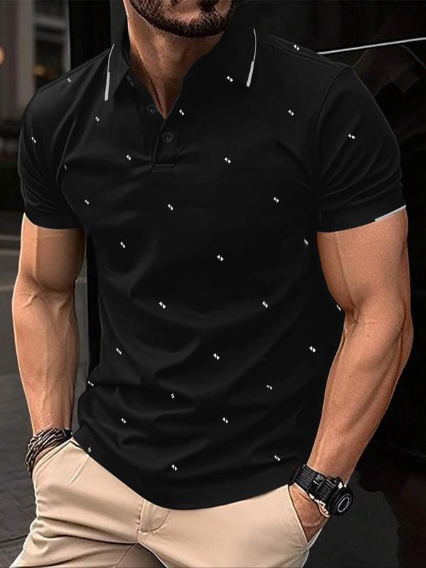 Men's Geometric Print Button Front Shortsleeve Polo Shirt, Casual Streetwear Short Sleeve Top for Summer, Summer Clothes, Men's Clothes for Daily Wear, Menswear