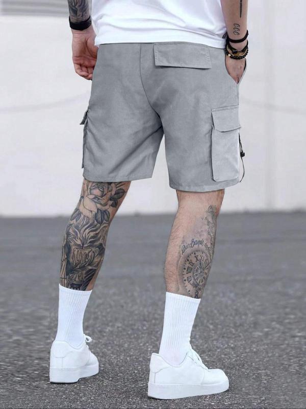 Men's Solid Drawstring Waist Cargo Shorts, Summer Outfits, Street Fashion Casual Streetwear Loose Pocket Straight Leg Shorts for Daily Outdoor Wear Back To School, Mens Bottoms for Summer