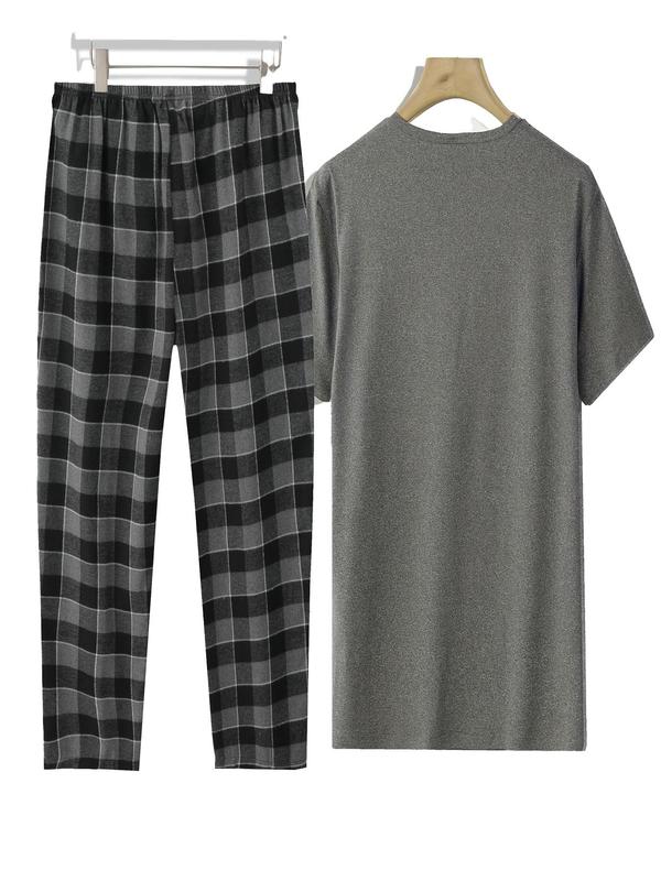 Men's Plaid Print Pocket Tee & Pants Loungewear Two-Piece Set, Regular Fit Casual Comfy Round Neck Short Sleeve T-Shirt & Trousers PJ Set, Men's Sleepwear for Summer