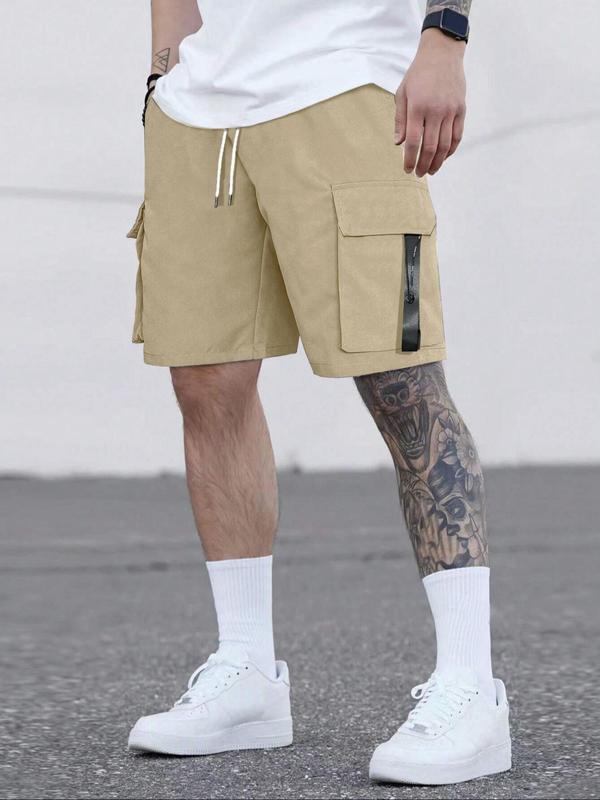 Men's Solid Drawstring Waist Cargo Shorts, Summer Outfits, Street Fashion Casual Streetwear Loose Pocket Straight Leg Shorts for Daily Outdoor Wear Back To School, Mens Bottoms for Summer