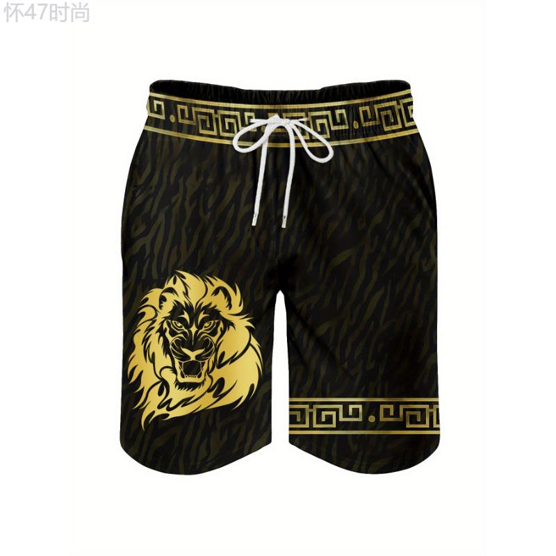 Men's Lion Pattern Shorts With Drawstrings, Casual Trendy With Linings Beach Vacation Swimming Shorts For Summer Outdoors Menswear Spandex