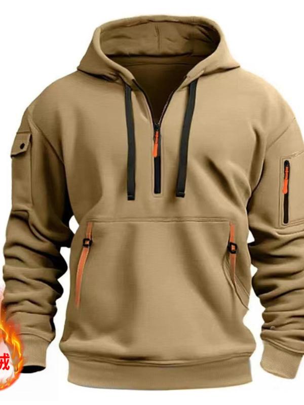 Men's Solid Pocket Zipper Hoodie, Regular Fit Casual Long Sleeve Drawstring Hooded Sweatshirt for Spring & Fall, Fashion Men's Clothes for Daily Wear