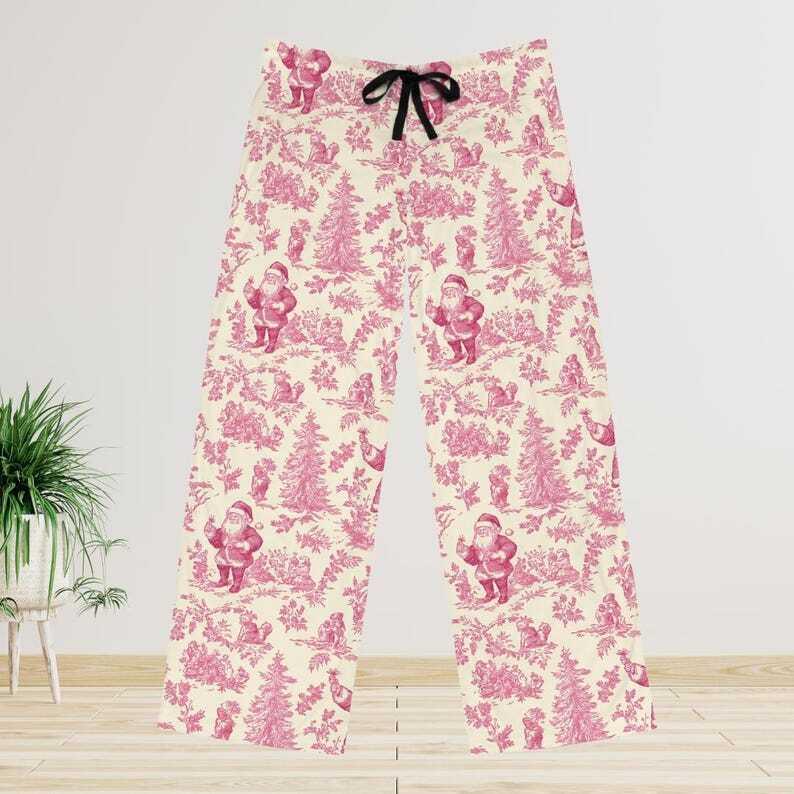 Men's Pink Toile Pajama Pants, Elegant Lounge Wear, Vintage-Inspired Sleepwear for Men, Cozy Relaxed Fit Pants with Toile Print