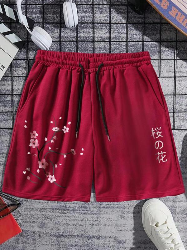 Men's Floral Graphic Print Drawstring Waist Shorts, Regular Fit Casual Streetwear Pocket Shorts, Mens Shorts, Back To School Summer Clothes, Men's Bottoms for Daily Wear, Shorts for Men