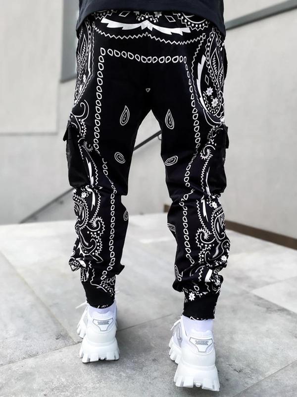 Men's Paisley Print Zipper Pocket Cargo Pants, Regular Fit Casual Street Drawstring Waist Trousers for Spring & Fall, Fashion Men's Bottoms for Daily Wear