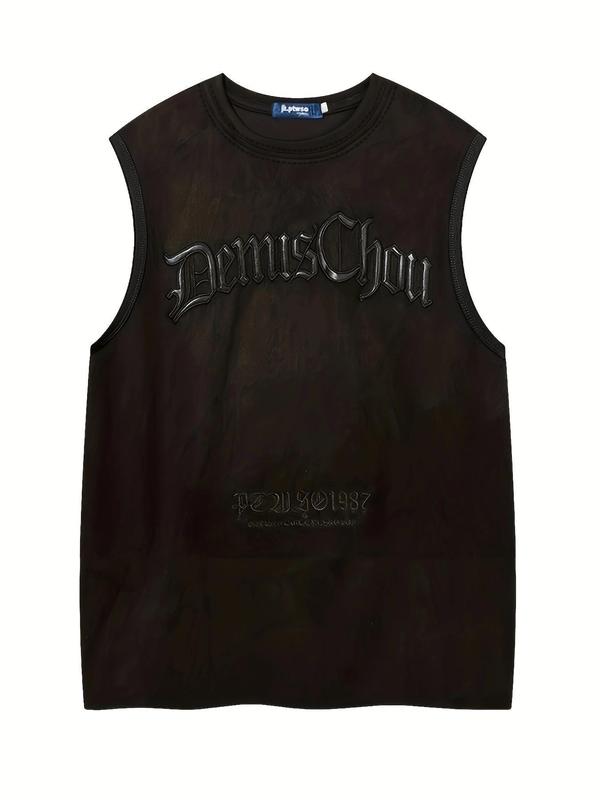 Men's Letter Embroidery Suede Tank Top, Loose Casual Sleeveless Round Neck Top for Summer, Fashion Men's Top for Daily Wear