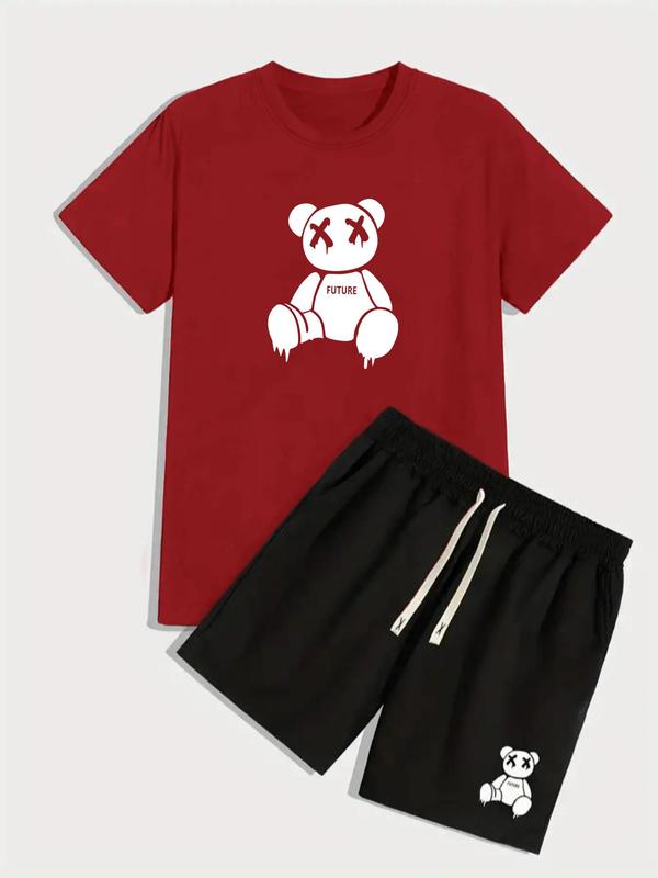 Two-piece Set Men's Y2k Cartoon Graphic Tee & Drawstring Waist Pocket Shorts Co-ord Set, Summer Clothes, Guys Cute Regular Fit Stylish Bear Graphic Shortsleeve T-shirt & Elastic Waist Track Shorts  Pants for Streetwear, Outfit Sets for Men, Summer Sets