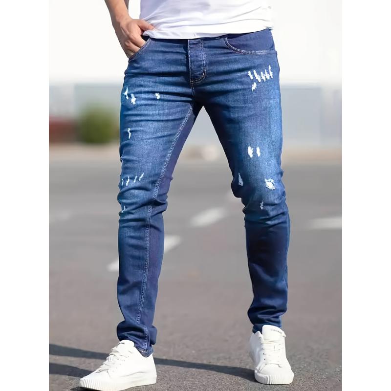 Slim Fit Ripped Jeans, Men's Casual Street Style Distressed Medium Stretch Denim Pants Menswear Polyester Trouser Streetwear Fabric Pocket