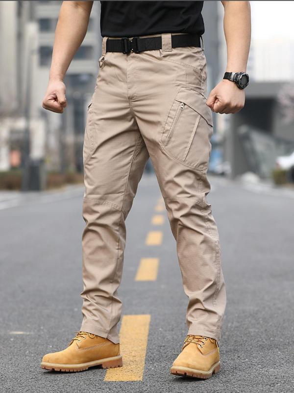 Men's Solid Pocket Zipper Cargo Pants without Belt, Regular Fit Casual Comfy Trousers for Outdoor Activities, Pants for Men, Woven Bottoms for Men