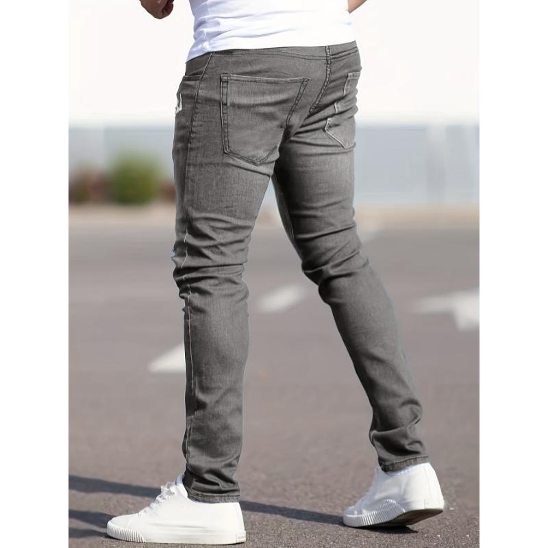 Slim Fit Ripped Jeans, Men's Casual Street Style Distressed Medium Stretch Denim Pants Menswear Polyester Trouser Streetwear Fabric Pocket