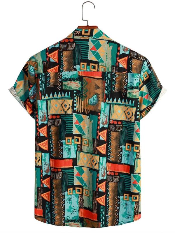 Men's Regular Fit All Over Print Button Front Graphic Shirt, Casual Short Sleeve Collared Top for Beach Vacation, Casual Men's Clothes for All Seasons