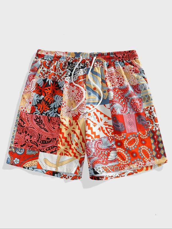 Men's All Over Patchwork Print Drawstring Waist Shorts, Casual Elastic Waist Pocket Beach Shorts, Shorts for Men, Summer Bottoms for Men