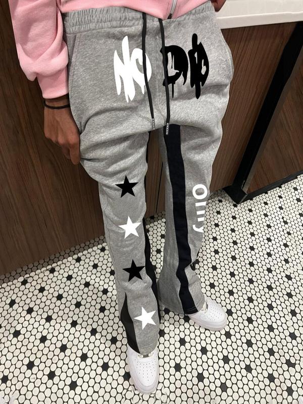 Men's Colorblock Letter & Star Print Drawstring Waist Flare Leg Pants, Regular Fit Casual Pocket Bell Bottom Trousers for Fall & Winter, Men's Bottoms for Daily Wear