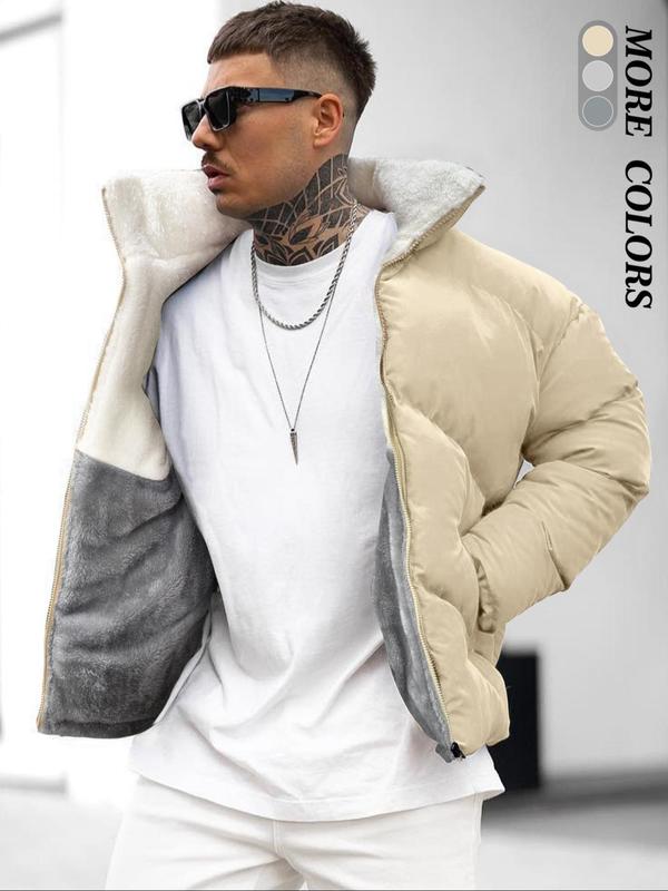 Men's Plain Zip Up Fleece Jacket, Regular Fit Casual Long Sleeve Stand Collar Thermal Lined Outerwear for Fall & Winter, Men's Clothes for Daily Wear