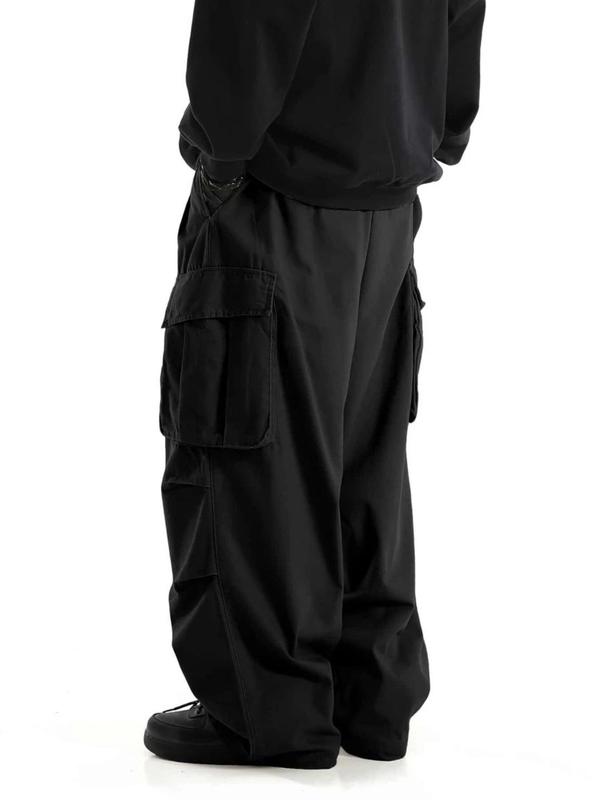 Men's Regular Fit Solid Drawstring Cargo Pants, Casual Pocket Elastic Waist Trousers for Daily Wear, Streetwear Men's Bottoms for All Seasons