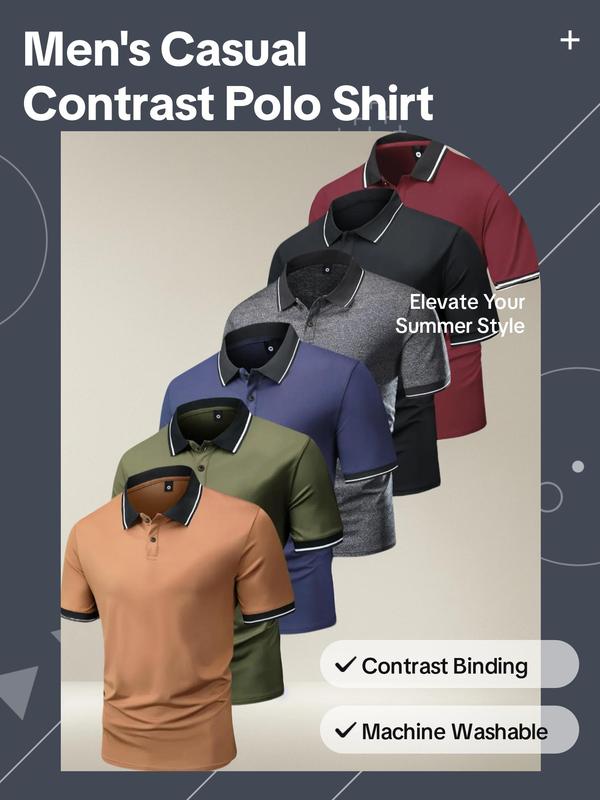 Men's Button Front Short Sleeve Polo Shirt, Casual Contrast Binding  Top for Summer, Fashion Men's Clothes for Daily Wear