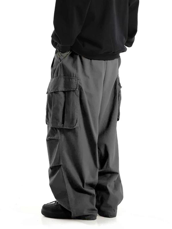 Men's Regular Fit Solid Drawstring Cargo Pants, Casual Pocket Elastic Waist Trousers for Daily Wear, Streetwear Men's Bottoms for All Seasons