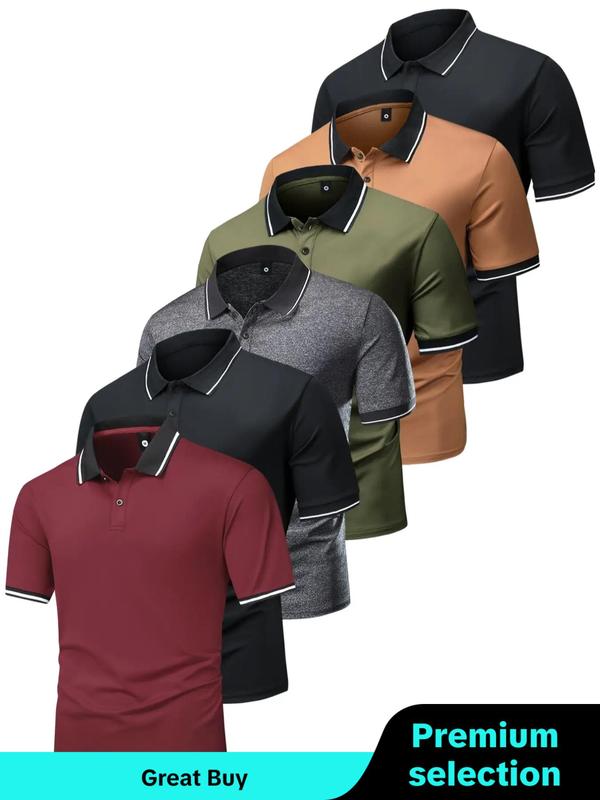 Men's Button Front Short Sleeve Polo Shirt, Casual Contrast Binding  Top for Summer, Fashion Men's Clothes for Daily Wear