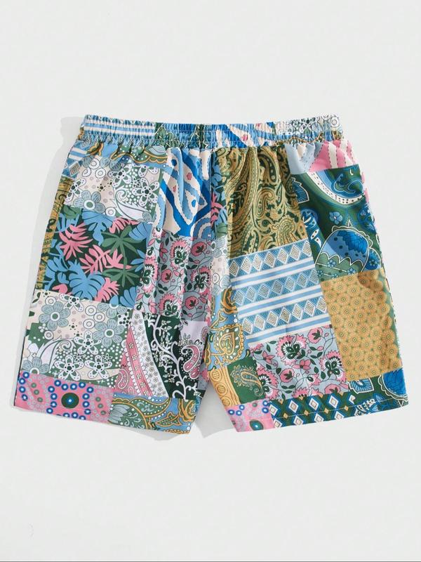 Men's All Over Patchwork Print Drawstring Waist Shorts, Casual Elastic Waist Pocket Beach Shorts, Shorts for Men, Summer Bottoms for Men