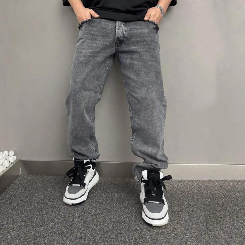 Streetwear Men Simple Grey Straight Loose Jeans Trousers  Men's Jogging Casual Denim Pants Menswear Underwear Human Beige Plain Pocket