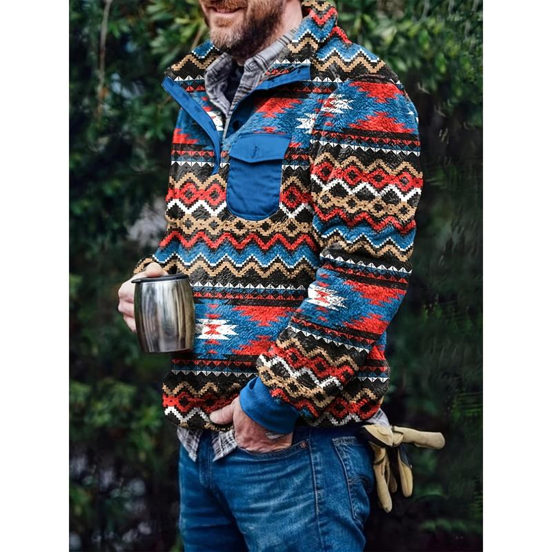 Men's Plush Pullover Winter Coat Western Vintage Sweater with Pocket