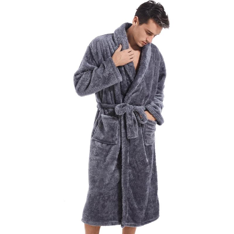 Mens Plush Fleece Robe, Cozy Warm Bathrobe Fuzzy Male Spa Long Robe With Pockets (DARK GREY)