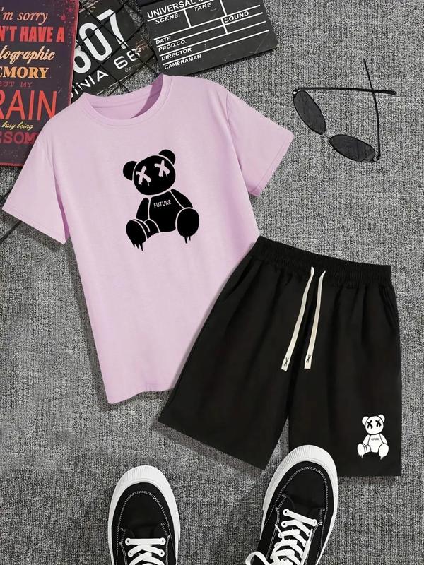 Two-piece Set Men's Y2k Cartoon Graphic Tee & Drawstring Waist Pocket Shorts Co-ord Set, Summer Clothes, Guys Cute Regular Fit Stylish Bear Graphic Shortsleeve T-shirt & Elastic Waist Track Shorts  Pants for Streetwear, Outfit Sets for Men, Summer Sets