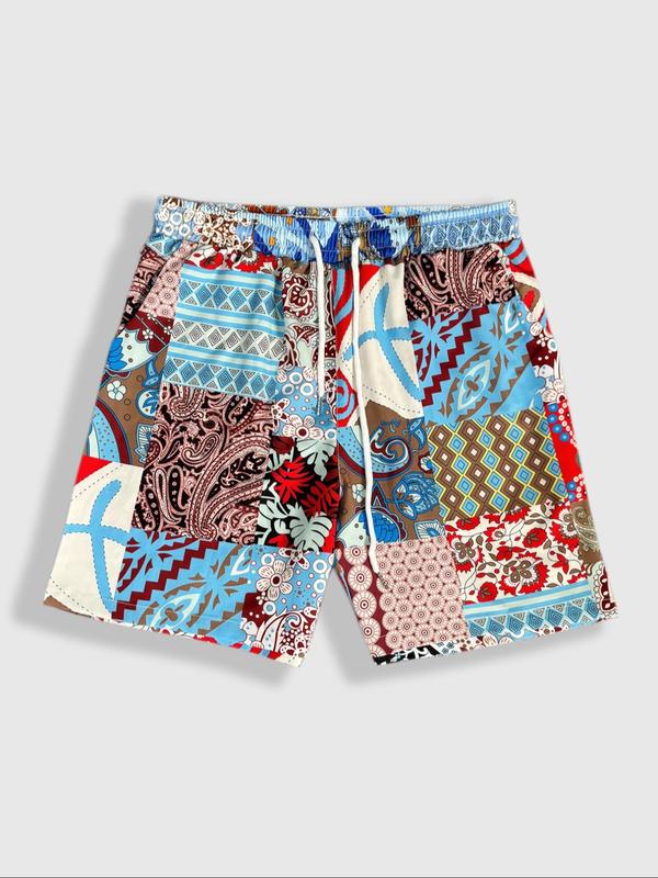 Men's All Over Patchwork Print Drawstring Waist Shorts, Casual Elastic Waist Pocket Beach Shorts, Shorts for Men, Summer Bottoms for Men