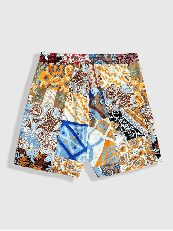 Men's All Over Patchwork Print Drawstring Waist Shorts, Casual Elastic Waist Pocket Beach Shorts, Shorts for Men, Summer Bottoms for Men