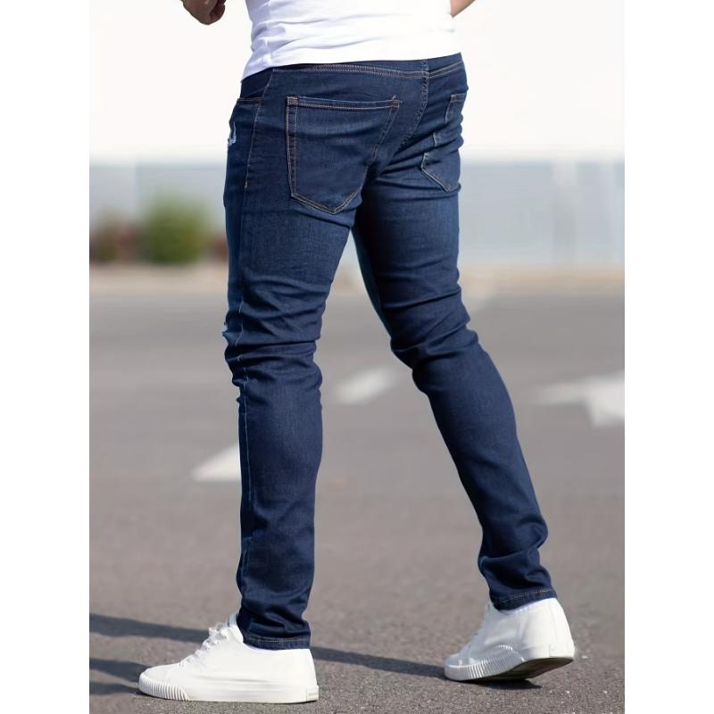 Slim Fit Ripped Jeans, Men's Casual Street Style Distressed Medium Stretch Denim Pants Menswear Polyester Trouser Streetwear Fabric Pocket