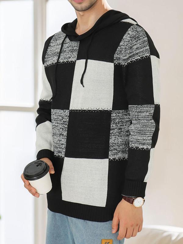 Men's Colorblock Plaid Print Drawstring Hooded Sweater, Regular Fit Casual Long Sleeve Knit Top for Fall & Winter, Fashion Men's Knitwear for Daily Wear