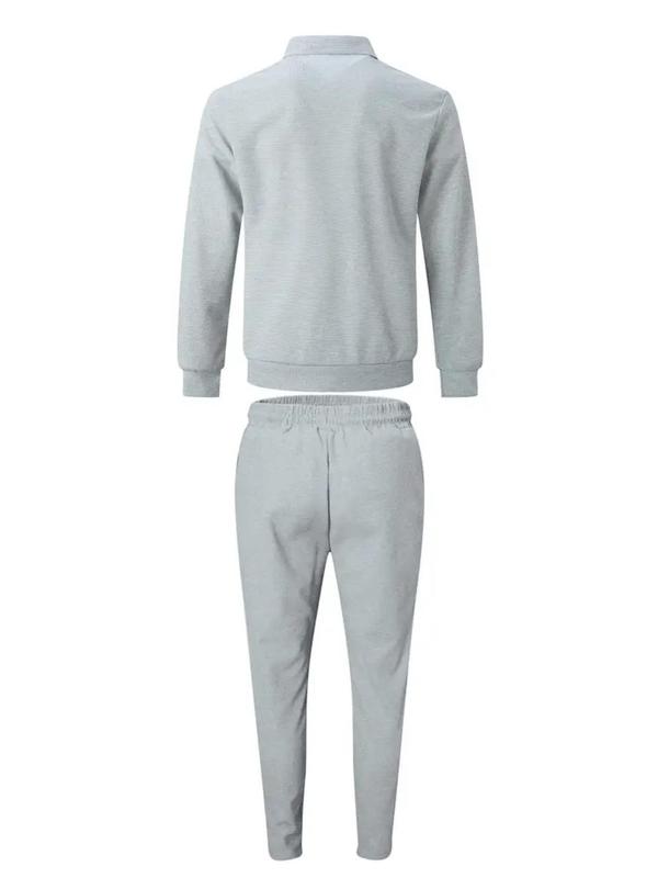 Men's Solid Zip Up Jacket & Drawstring Waist Pants Two-piece Set, Regular Fit Casual Long Sleeve Collared Outerwear & Pocket Trousers for Daily Wear, Men's Two-piece Outfits for All Seasons