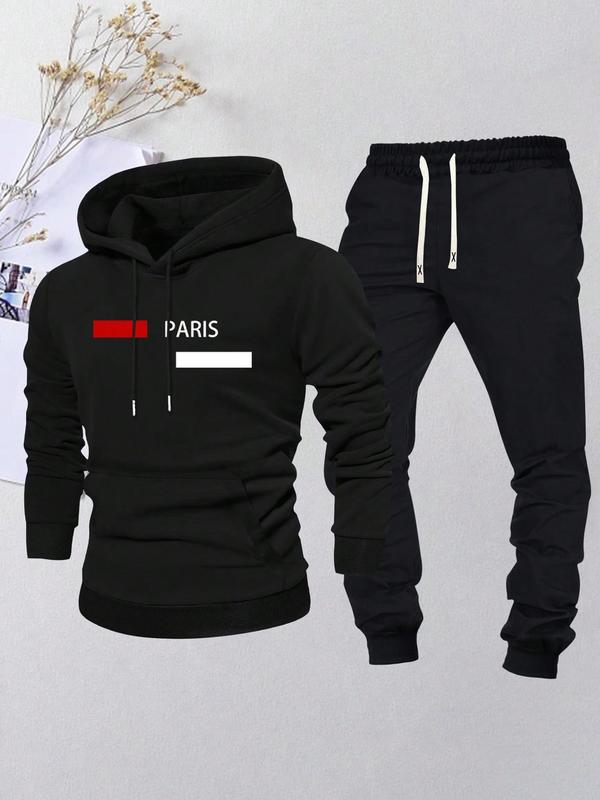  Two-Piece Set Men's Letter Print Hoodie & Pants, Regular Fit Casual Long Sleeve Hooded Sweatshirt & Jogger Pants for Daily Wear, Men's Two-piece Outfits for Fall & Winter