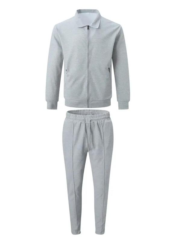 Men's Solid Zip Up Jacket & Drawstring Waist Pants Two-piece Set, Regular Fit Casual Long Sleeve Collared Outerwear & Pocket Trousers for Daily Wear, Men's Two-piece Outfits for All Seasons