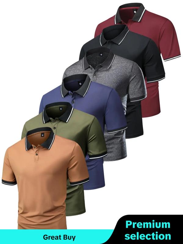 Men's Button Front Short Sleeve Polo Shirt, Casual Contrast Binding  Top for Summer, Fashion Men's Clothes for Daily Wear