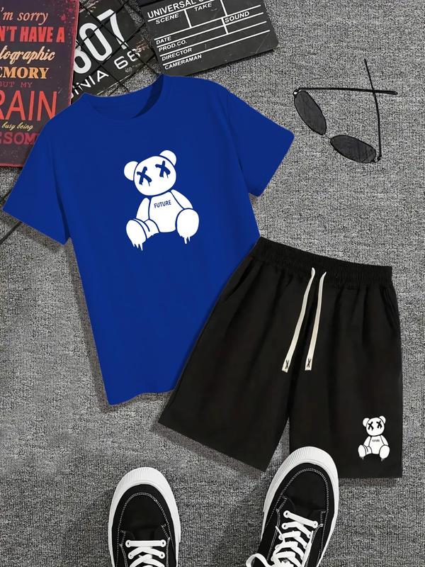 Two-piece Set Men's Y2k Cartoon Graphic Tee & Drawstring Waist Pocket Shorts Co-ord Set, Summer Clothes, Guys Cute Regular Fit Stylish Bear Graphic Shortsleeve T-shirt & Elastic Waist Track Shorts  Pants for Streetwear, Outfit Sets for Men, Summer Sets