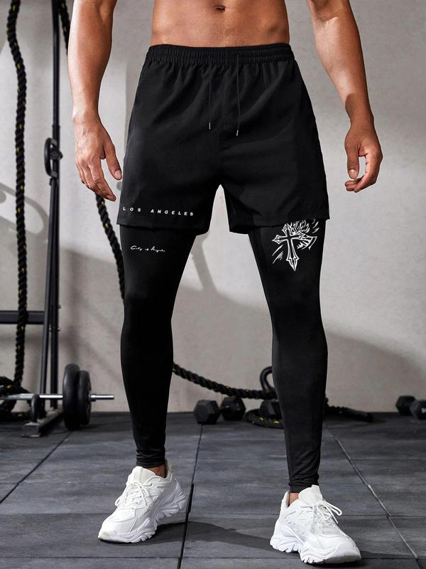 Men's 2 in 1 Letter & Cross Print Drawstring Waist Sweatpants, Casual Street Regular Fit Pocket Jogger Pants for Fall & Winter, Men's Trousers for Daily Wear