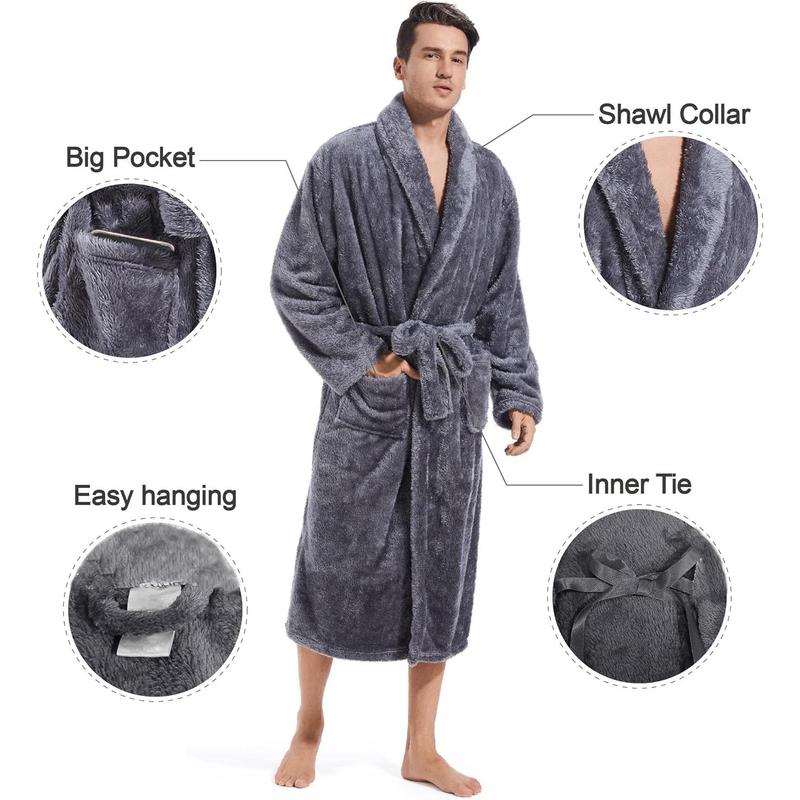 Mens Plush Fleece Robe, Cozy Warm Bathrobe Fuzzy Male Spa Long Robe With Pockets (DARK GREY)