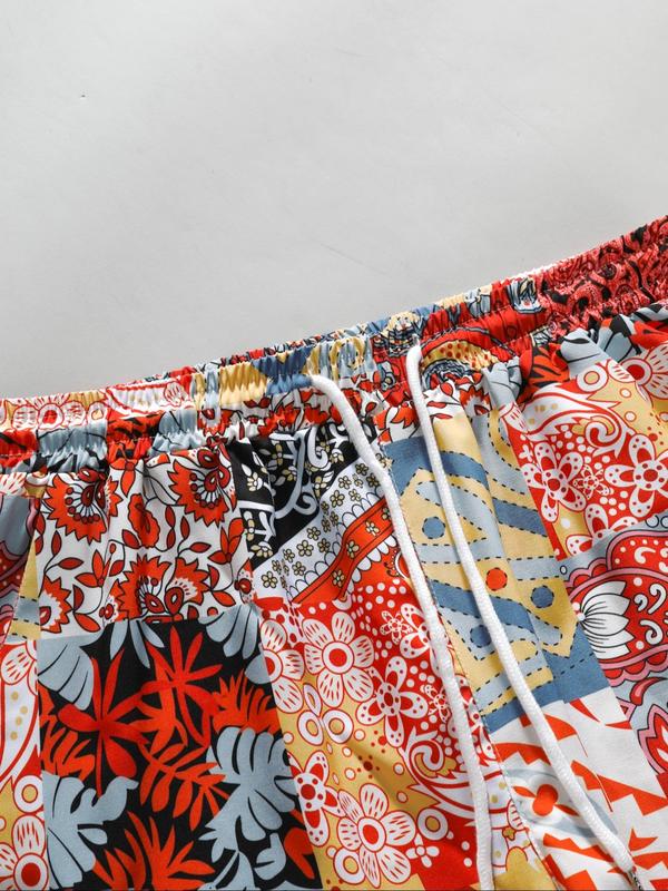 Men's All Over Patchwork Print Drawstring Waist Shorts, Casual Elastic Waist Pocket Beach Shorts, Shorts for Men, Summer Bottoms for Men