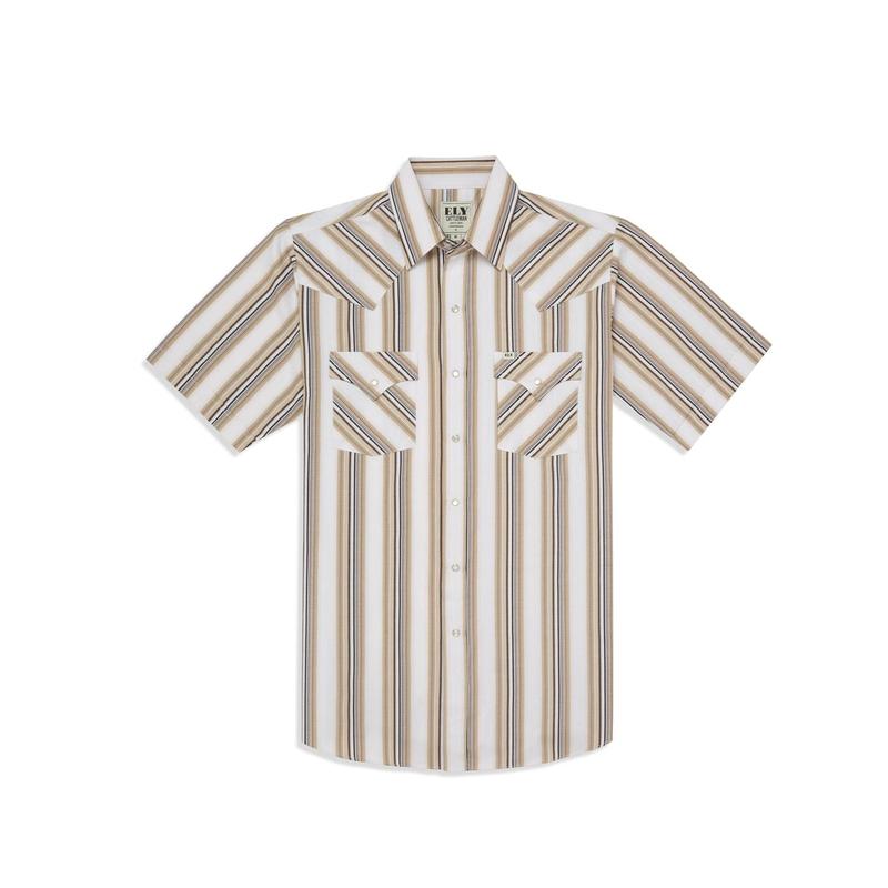 Men's Ely Cattleman Short Sleeve Stripe Western Snap Shirt- Blue & Tan