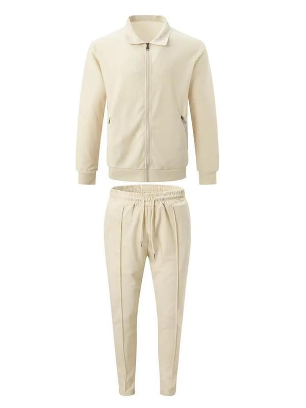 Men's Solid Zip Up Jacket & Drawstring Waist Pants Two-piece Set, Regular Fit Casual Long Sleeve Collared Outerwear & Pocket Trousers for Daily Wear, Men's Two-piece Outfits for All Seasons