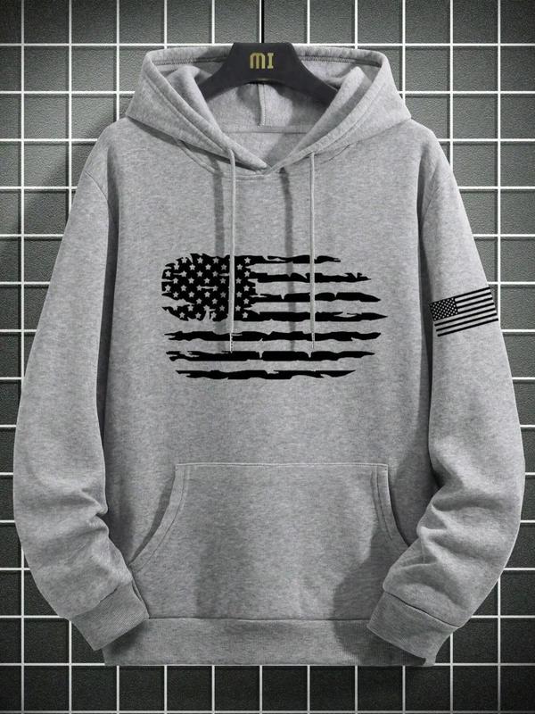 Men's American Flag Print Drawstring Hoodie, Casual Regular Fit Long Sleeve Pocket Hooded Sweatshirt for Fall & Winter, Men's Clothes for Daily Wear