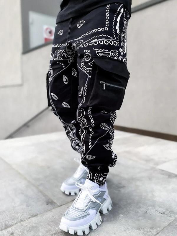 Men's Paisley Print Zipper Pocket Cargo Pants, Regular Fit Casual Street Drawstring Waist Trousers for Spring & Fall, Fashion Men's Bottoms for Daily Wear