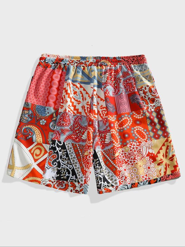 Men's All Over Patchwork Print Drawstring Waist Shorts, Casual Elastic Waist Pocket Beach Shorts, Shorts for Men, Summer Bottoms for Men