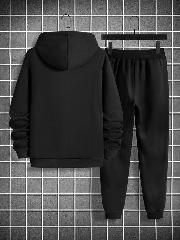 Men's Letter Print Pocket Hoodie & Drawstring Waist Sweatpants Set, Regular Fit Casual Long Sleeve Hooded Sweatshirt & Jogger Pants, Men's Fall & Winter Clothes