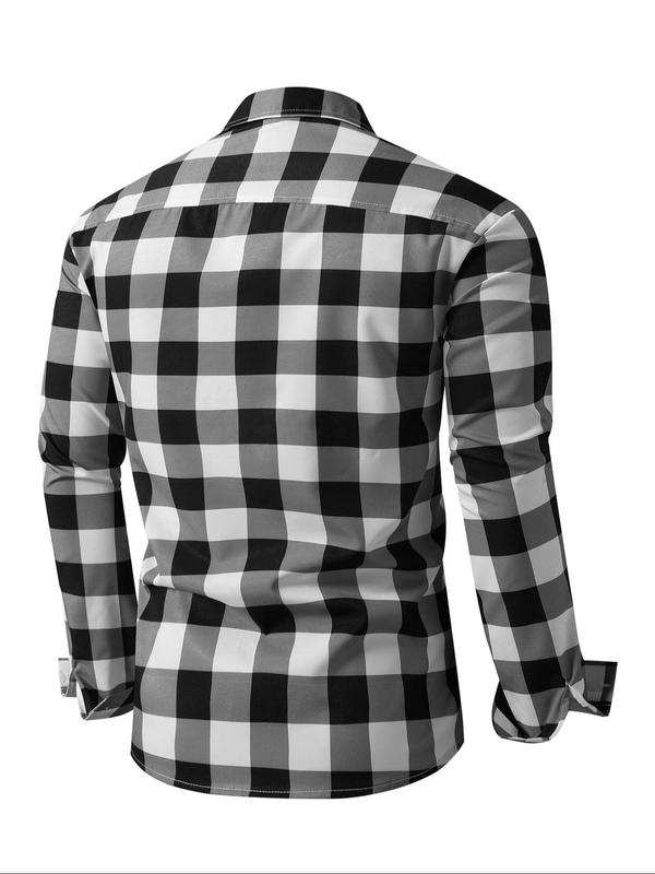 Men's Plaid Print Button Front Shirt, Casual Regular Fit Long Sleeve Collared Top for Fall & Winter, Men's Clothes for Daily Wear